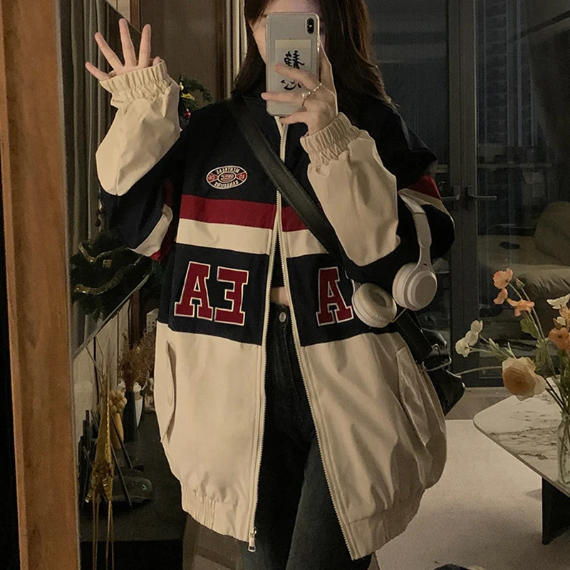 Women Oversize Jacket American Retro Casual High Street Loose Baseball Uniform Female Autumn Winter Letter Patchwork Outwear