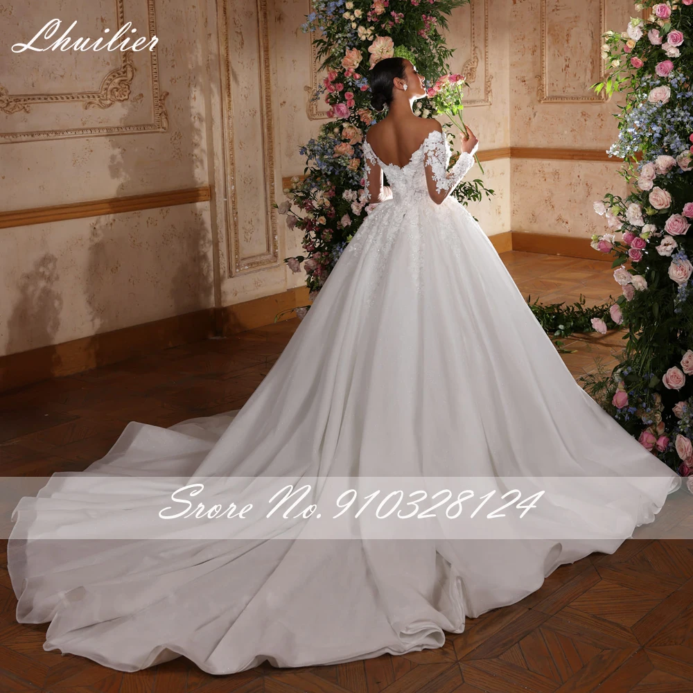 Lhuilier A Line Off the Shoulder Wedding Dresses Full Sleeves Lace Appliques Beaded Bridal Gowns with Chapel Train