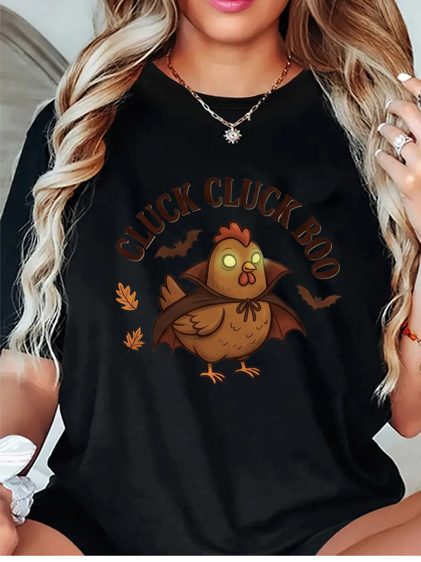 Cluck Cluck Boo Vampire Chicken Bat Halloween Graphic Womens T Shirt Short Sleeve Crew Neck Funny Casual Daily Ladies Tee Tops
