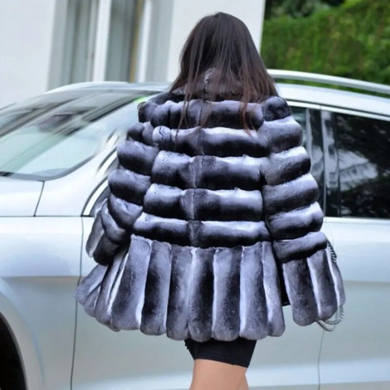 Winter Warm Genuine Rex Rabbit Fur Coat Woman Fashion Chinchilla Thick Jackets Genuine Natural Fur Thick Overcoat