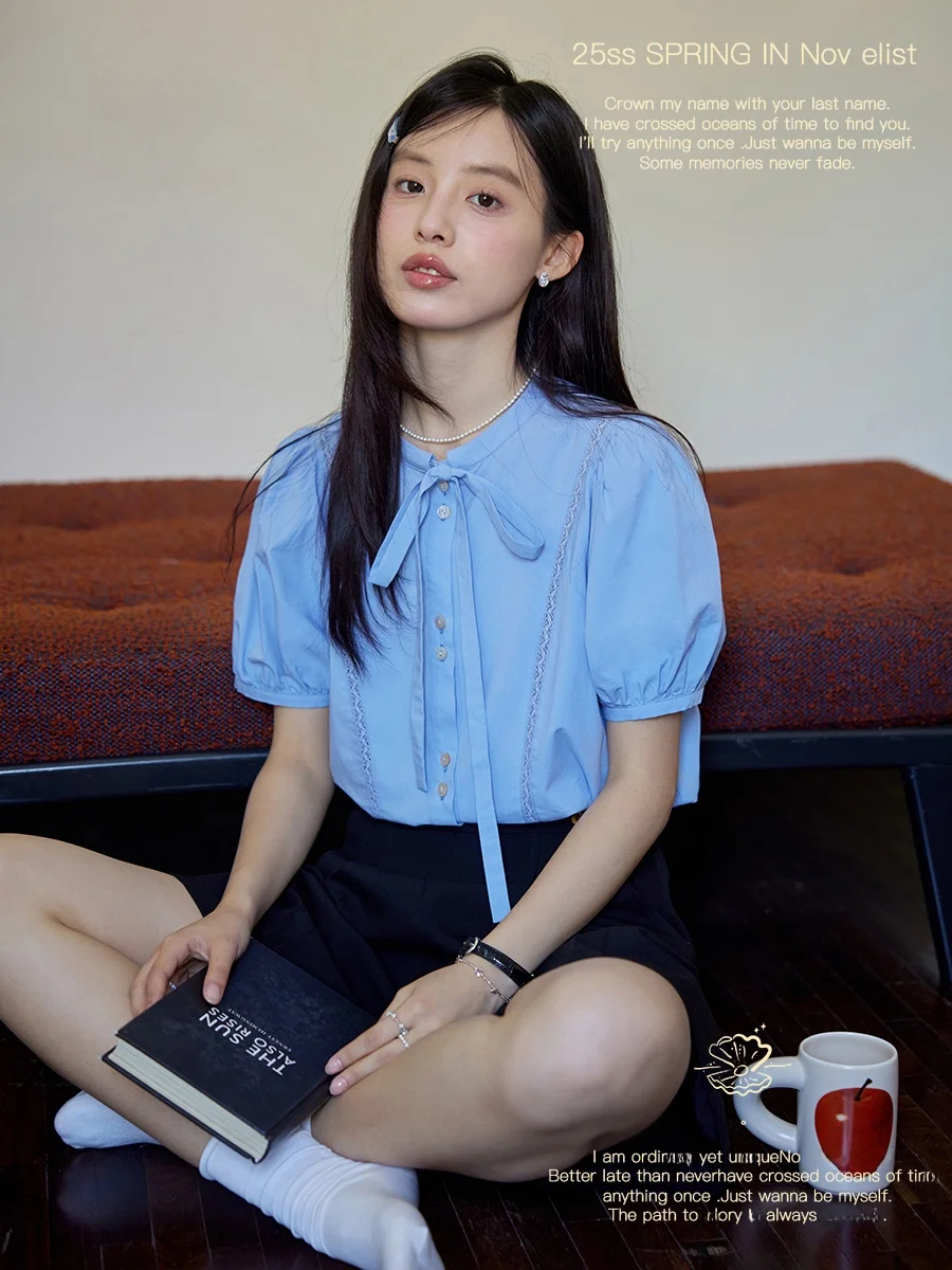 

Nov Et Chiffon And Cotton Blend Bubble Sve Blouse Women's ort Sve Patchwork irt with Lace Trim And Bow Design Su...