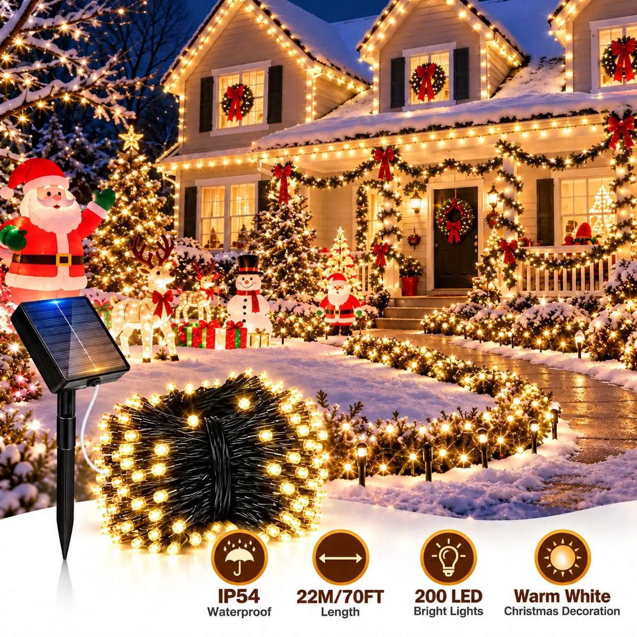 200 LED Solar Outdoor String Lights, 2027 New Year's Day, Christmas Decorations, 22M/70FT, Suitable For Yard, Garden, Party, Wedding, Independence Day, And Holiday Home Decor, IP54 Waterproof