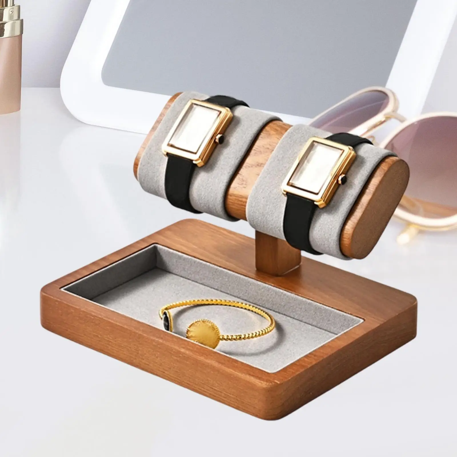Elegant Wooden Watch Display Stand Jewelry Organizer Multi-Slot Bracelet Wristwatch Holder for Desktop Tabletop Storage Showcase
