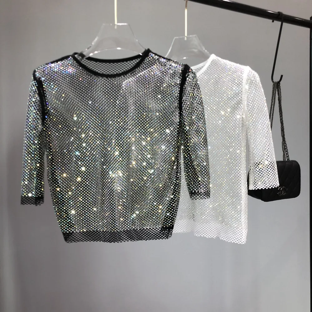 

Blingbling Fancy Diamond Mesh Short Sleeve T-shirt Fashionable Hollow Out Super Fairy Basic Top Round Neck Rhinestone Women Tops