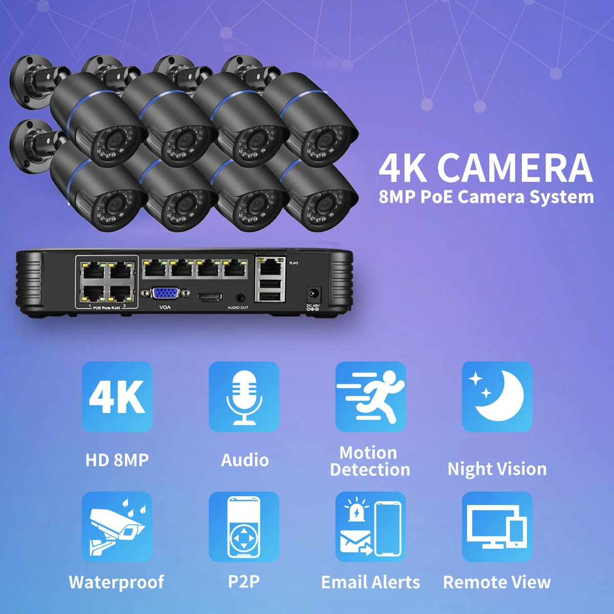 Ultra HD 8MP 4K Security Camera System H.265 POE NVR Kit Human Detection CCTV Outdoor Black Bullet Video Surveillance Camera Set