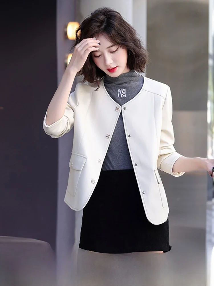 

Ning Women's ort Leather Jaet 2025 New Faion eepskin Bla Genuine Leather Coat Slim Fit Commute Sle