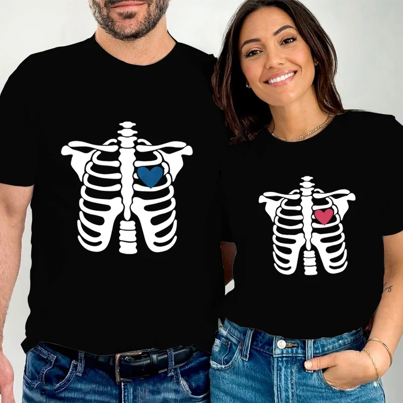 

cc Heart Print T-shirt for Men Women Bones Skull Tee Shirt Summer Short Sleeve New Arrival Tops Love Gift for Couple