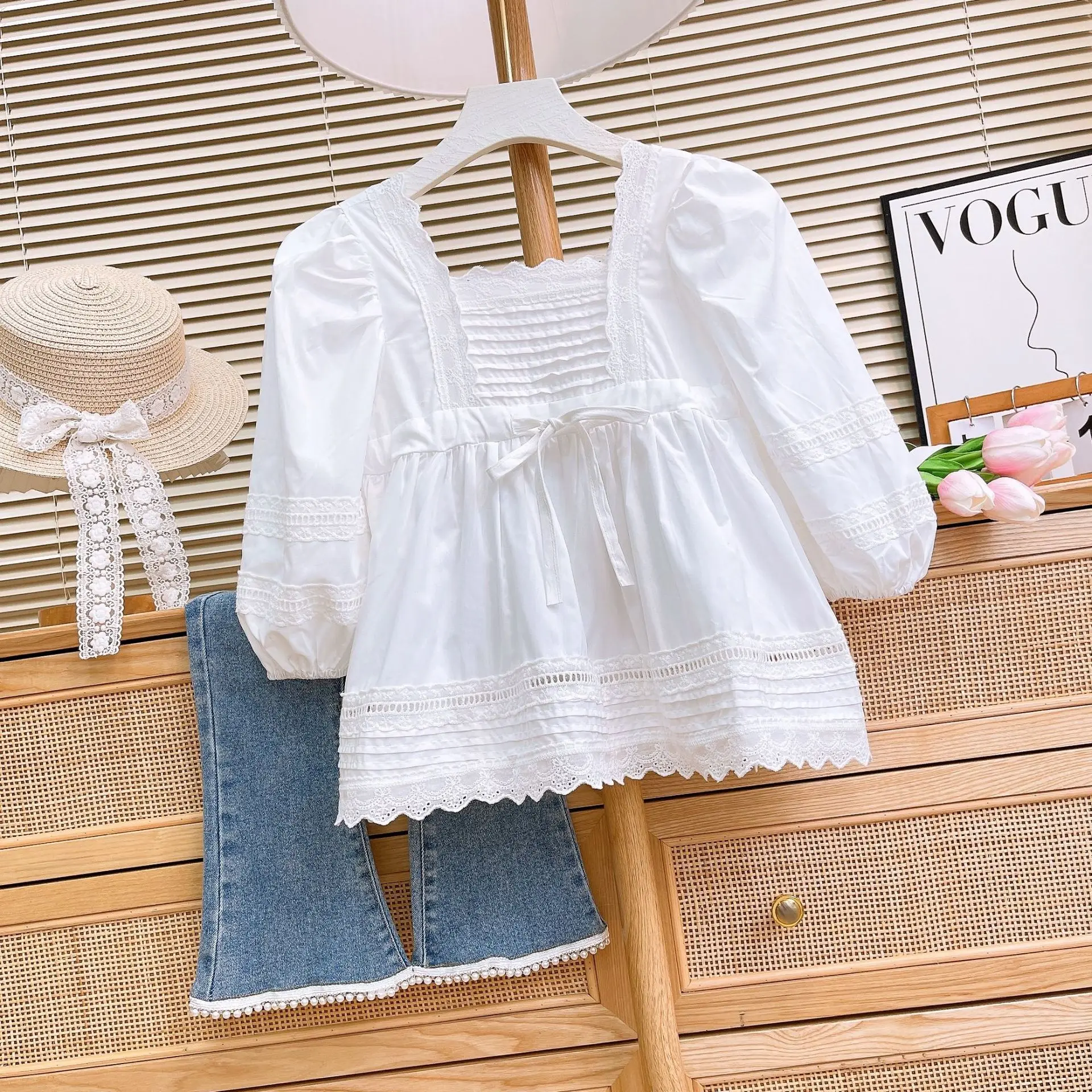 White bow Chest crease Lace blouse +Lace-cut jeans Solid color casual suit for girls in autumn kids boutique clothes