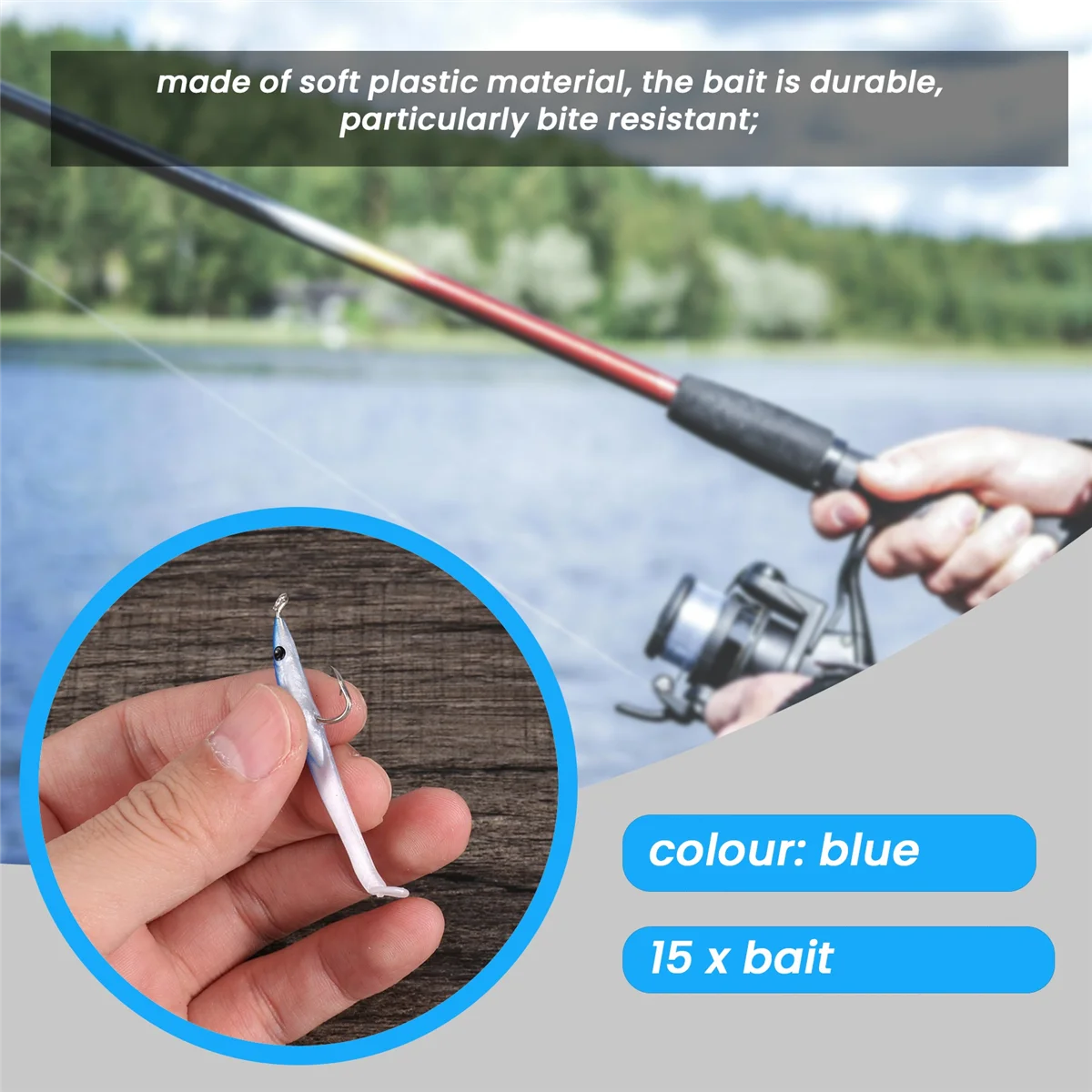 Fake Fishing Lure Sea Fishing Lure Bait with Hook Eel Bait 5cm/0.6G T Tail Soft Insect Simulation Bait 15Pcs Blue