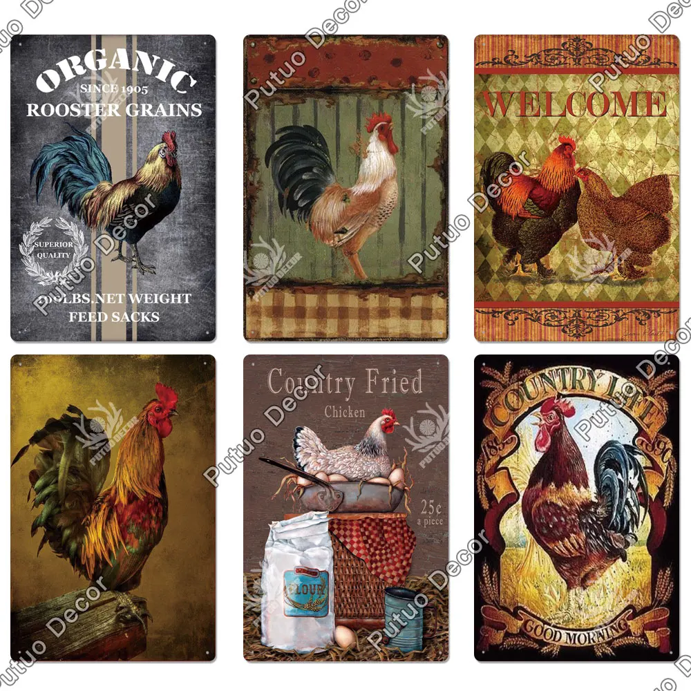 Putuo装飾鶏のブリキの看板、ビンテージメタルサインプラーク、農家の壁の装飾、ロオスターレトロサイン