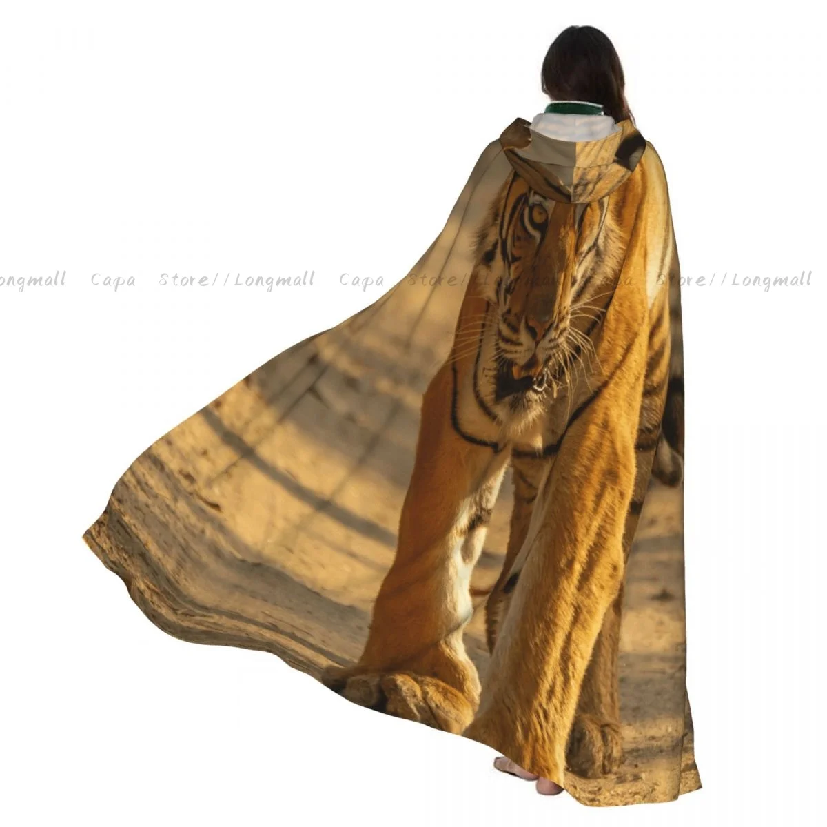 

Tiger Walking On Sand Hooded Cloak Coat Halloween Cosplay Costume Vampire Devil Wizard Cape Gown Party