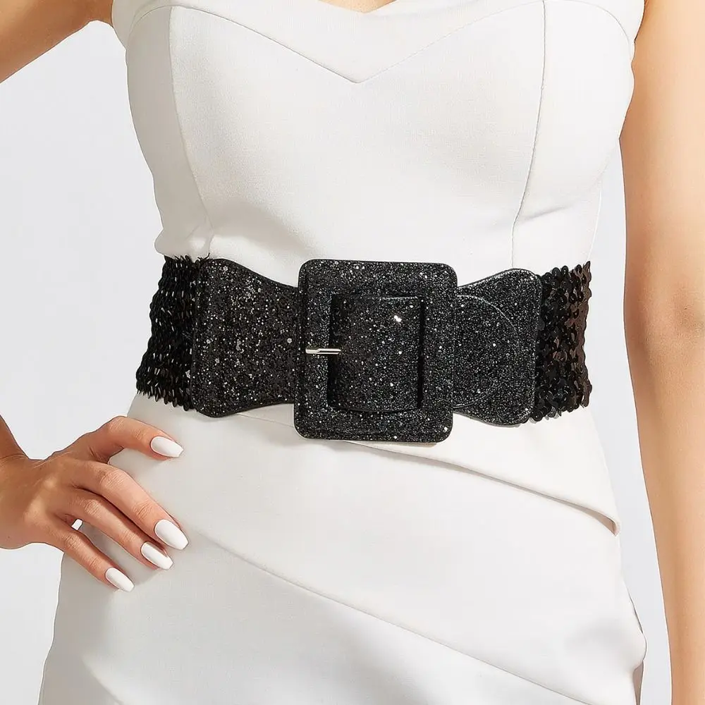 Metal Square Buckle Blingbling Sequin Cummerbunds Shiny Waist Closure Elastic Cummerbunds Coat Belt Suit Decorative Wide Belt