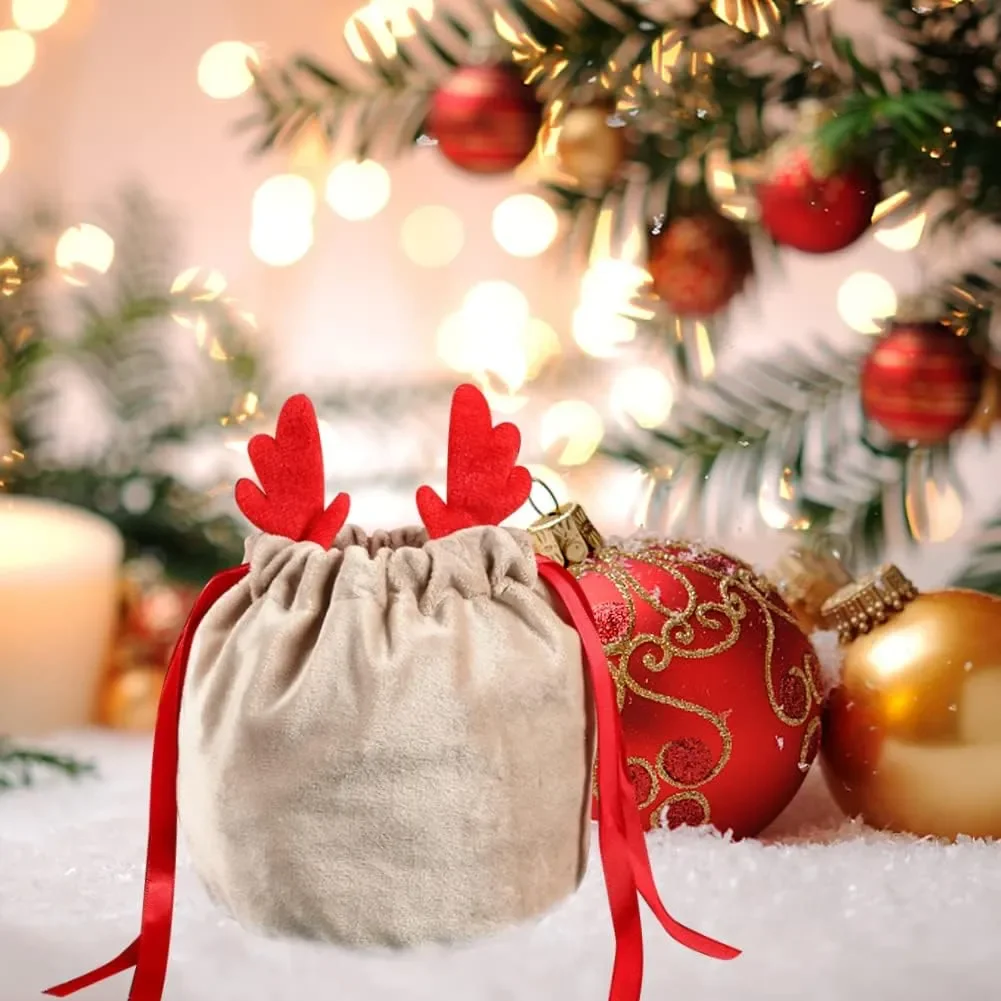 Sacchetto regalo con coulisse di renne di natale 5/10, sacchetto regalo di caramelle di babbo natale in velluto riutilizzabile, decorazione regalo