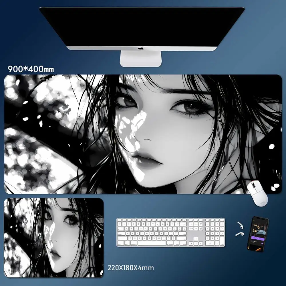 

Black And White Anime Girl Mouse Pad Desk Mouse Pad HD Desk Pad Extended Gaming Keyboard Mats Large XXL Gamer Mousepad 90x40