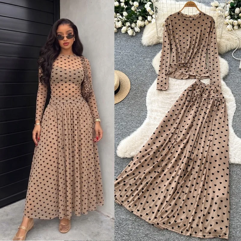 Elegant Women Heart Print 2 Piece Outfit, Long Sleeve Mesh Top & Maxi Skirt Set, Sheer Mesh Matching Suit, Fall Casual Dress Set