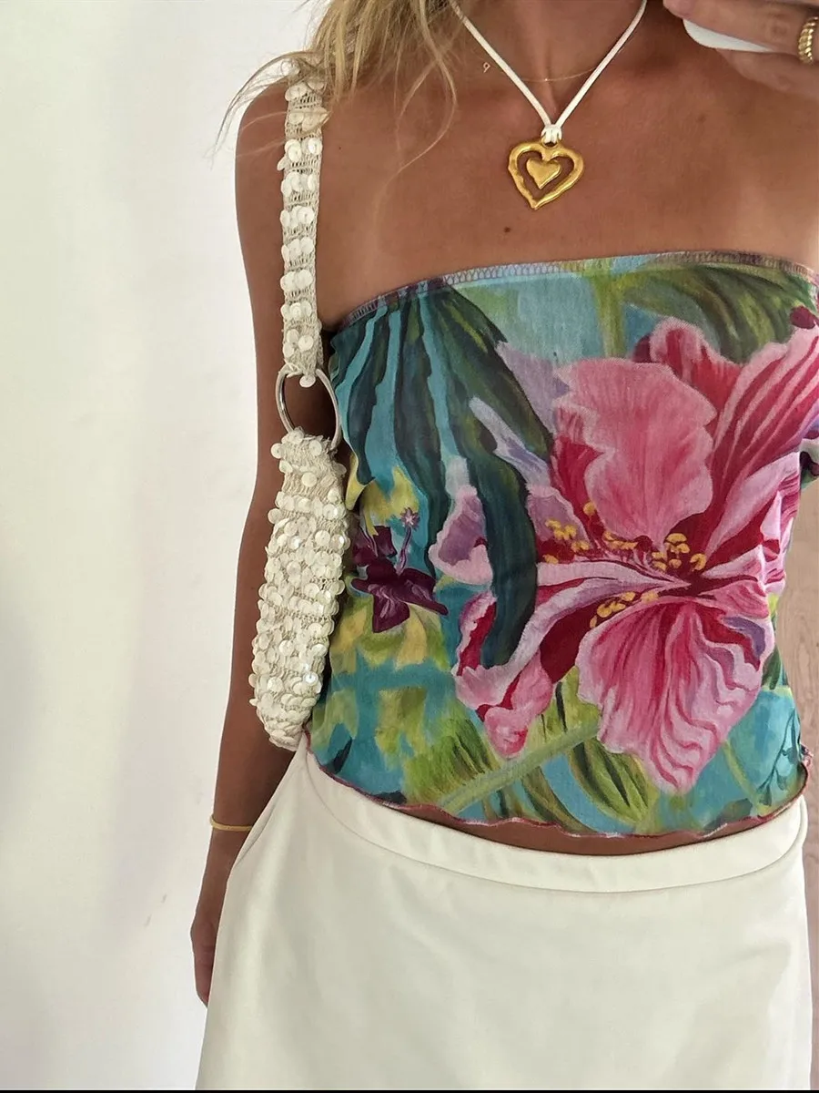 Women Floral Tube Tops Bandeau Summer Retro Vintage Strapless Off Shoulder Slim Fit Crop Tops Aesthetic Camis Vests Streetwear