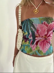 Bustier tubulaire à fleurs pour femmes, coupe cintrée, débardeur rétro vintage, débardeur esthétique, streetwear, été