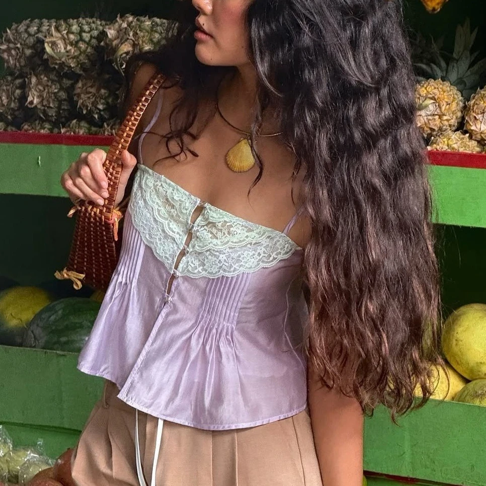 

Lovely Violet Lace Strap Blouses Shirts Women Tops Boho Beach Summer Casual Camis Sheer Cotton Rayon Sleeveless Ladies Blusas