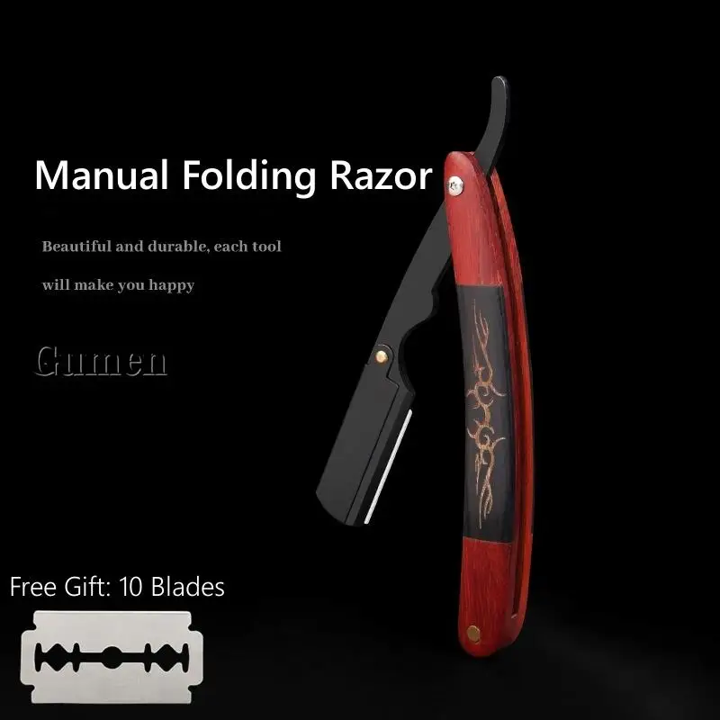 

Manual Folding Stainless Steel Shaver Barber Men's Replaceable Blade Razor Haircut Knife Wooden Handle Trimmer With 10pcs Blades