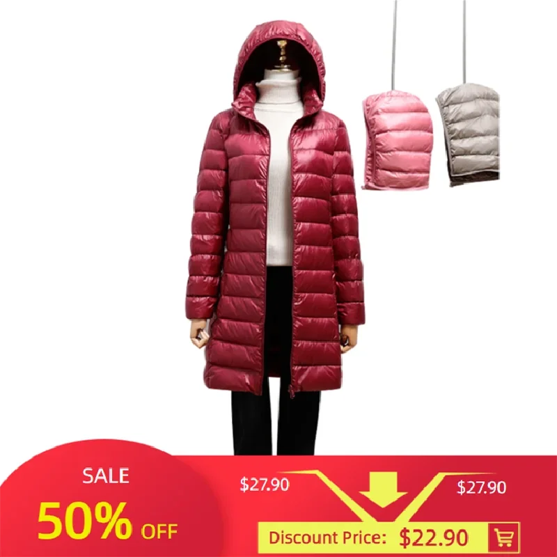 2024 Women Spring Jacket Ultralight Thin Packable Down Long Jacket  Female Hat Detachable Slim Fit Skirt Coat Portable Outwear