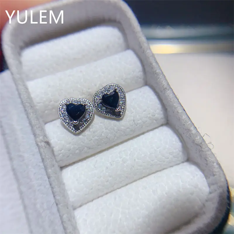 

Natural Dark Blue heart Sapphire Ear Studs S925 Silver Luxury Designer Jewelry Gift for Women Elegant