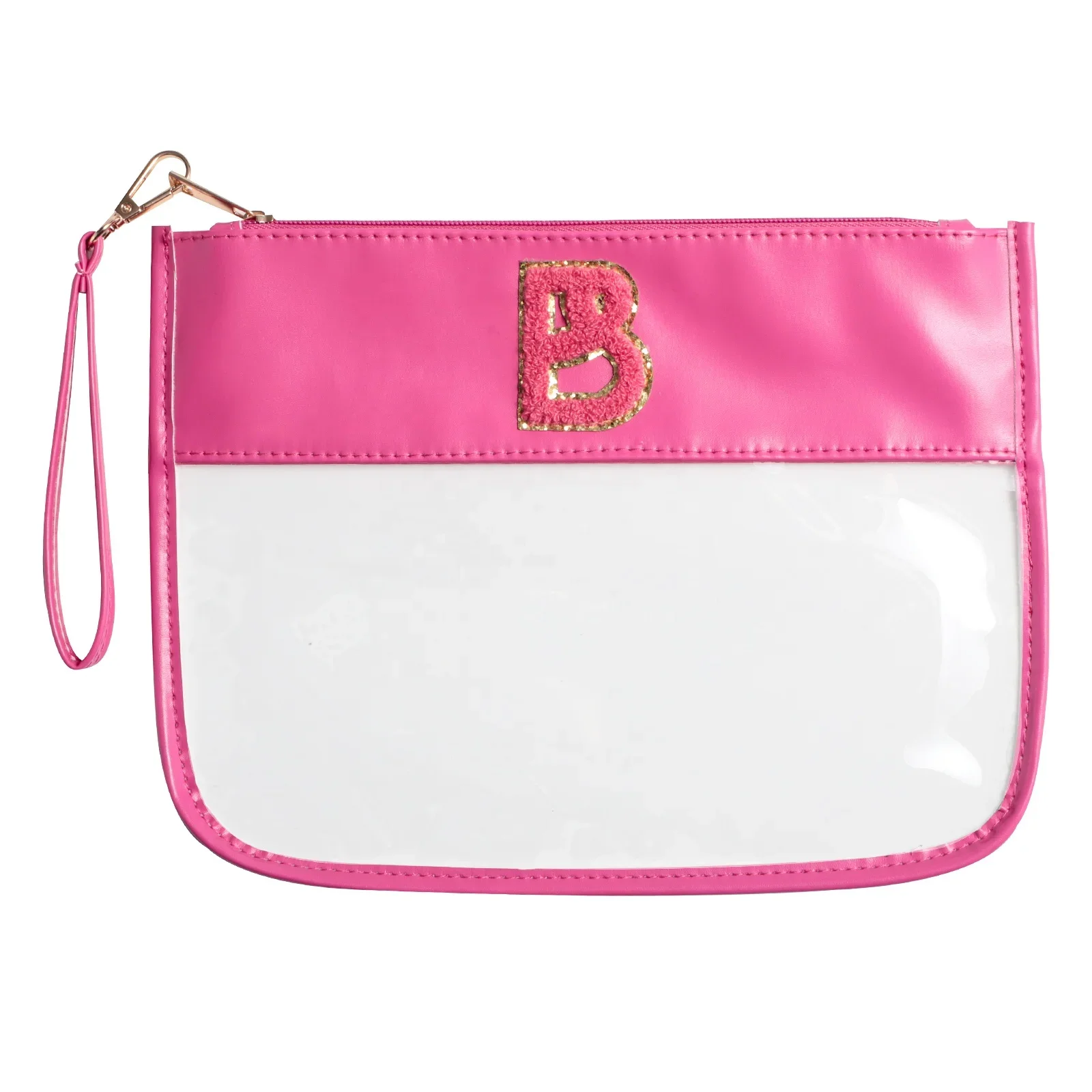 # Hot Sales Custom Logo Chenille Patch Nylon Pouch Clear PVC Waterproof Letter Zipper Pouch Cosmetic Bag Multi-purpose Makeup Tr