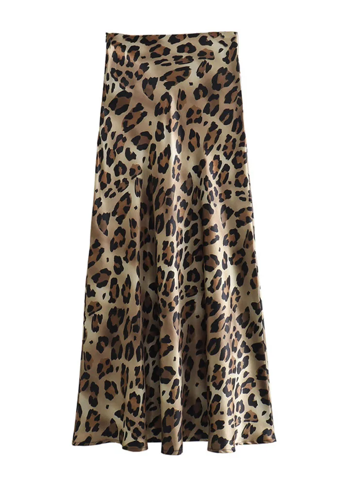 2024 Vintage Women's Leopard Print Satin Skirt Female Summer High Waist Midi Skirt Woman Fashion Elegant Long Skirts