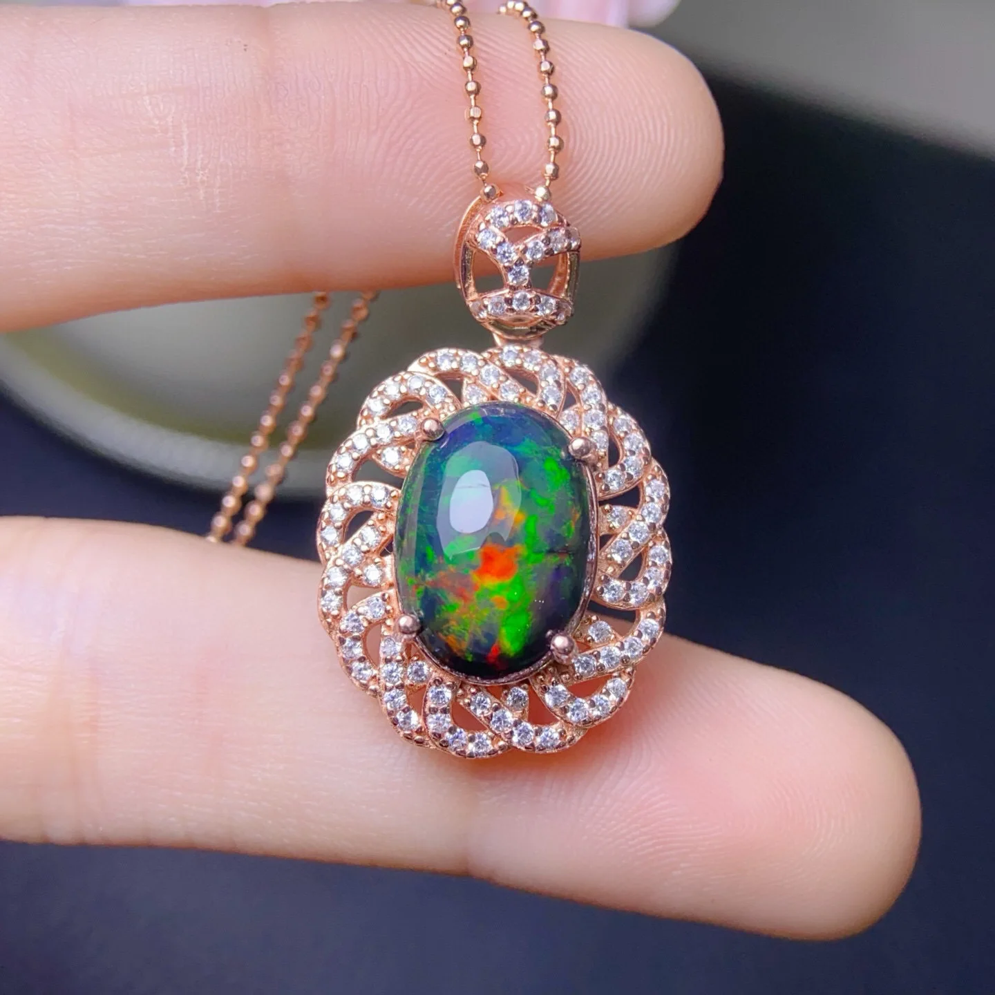 S925 Rose Gold Plated Black Opal Pendant, 10x14mm Handpicked Gem with Vibrant Color Play, Stunning for Signature Style