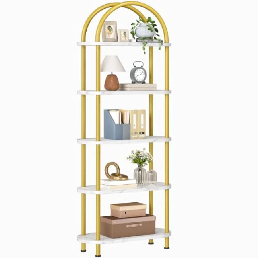 

5 Tier Open Bookshelf Industrial Arched Bookcase Display Shelf Rack Wooden Bookcase Storage Shelf Metal Frame Tall Storage Orga