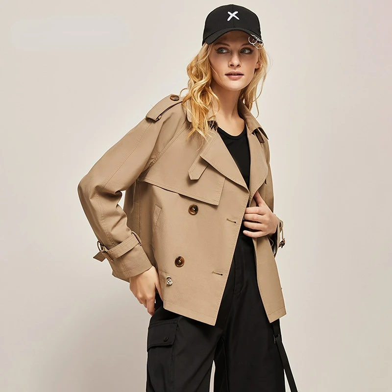 Short  Trench Coat for Women Autumn Temperament Loose Coats Windbreaker Retro Straight Silhouette Dropped Shoulder Sleeve Lapel