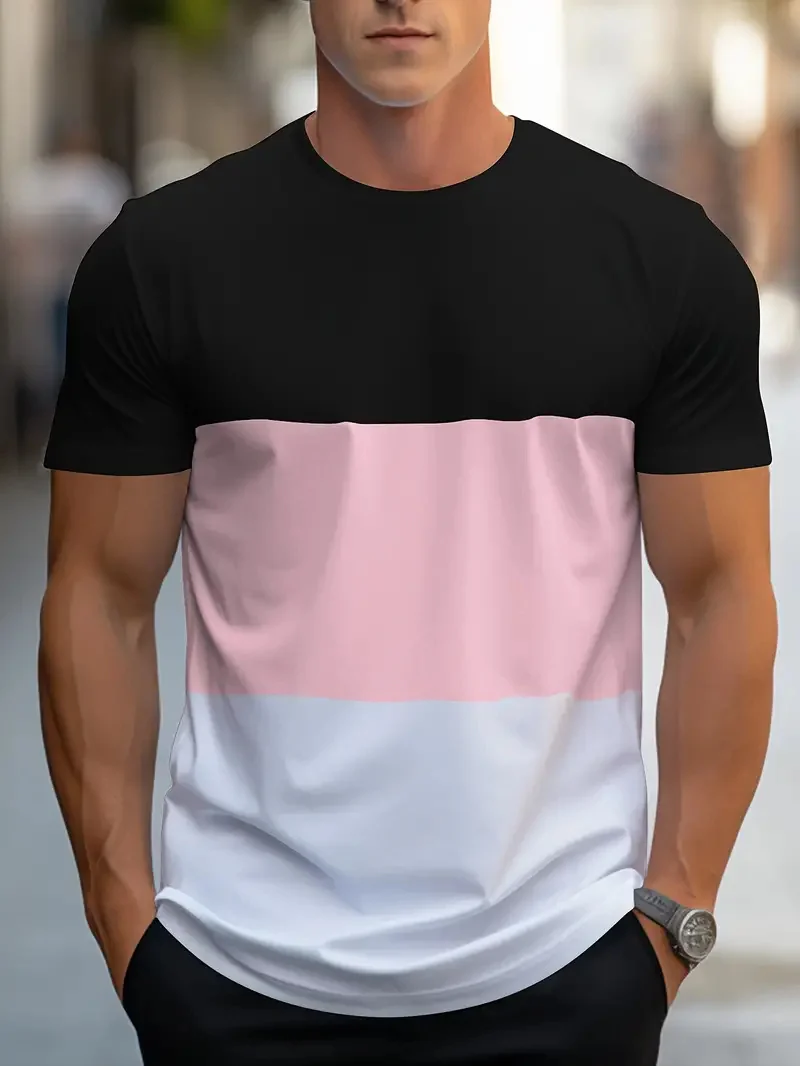 Summer new fashion men colorful geometric print pattern leisure loose street fitness high quality leisure men's T-shirt image 2