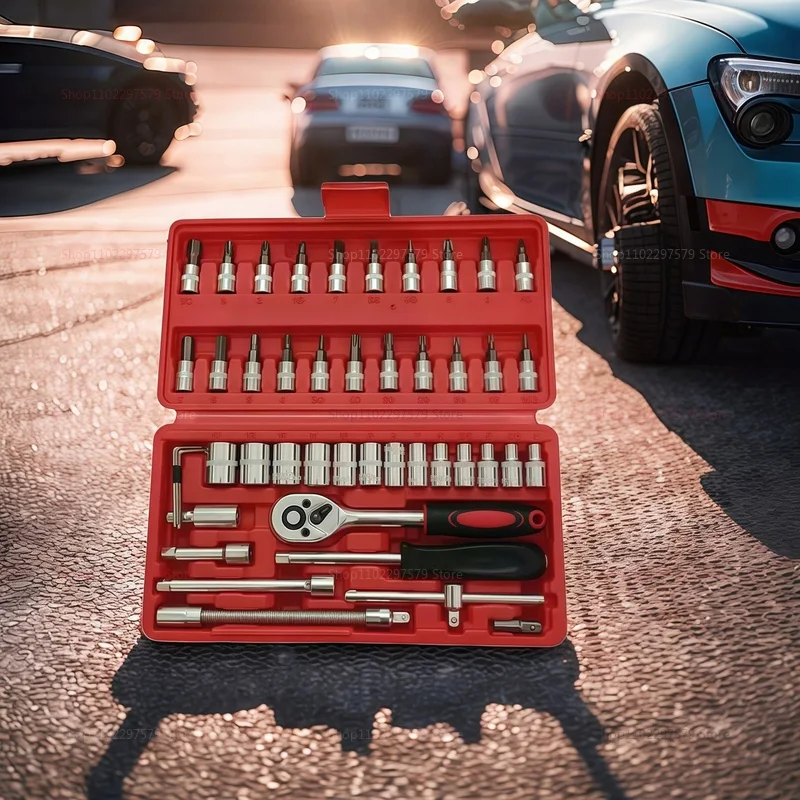 46 peças de conjunto de ferramentas de reparo de carro multifuncional caixa de ferramentas de reparo de carro chave de catraca soquete combinação manga ferramentas motocicleta