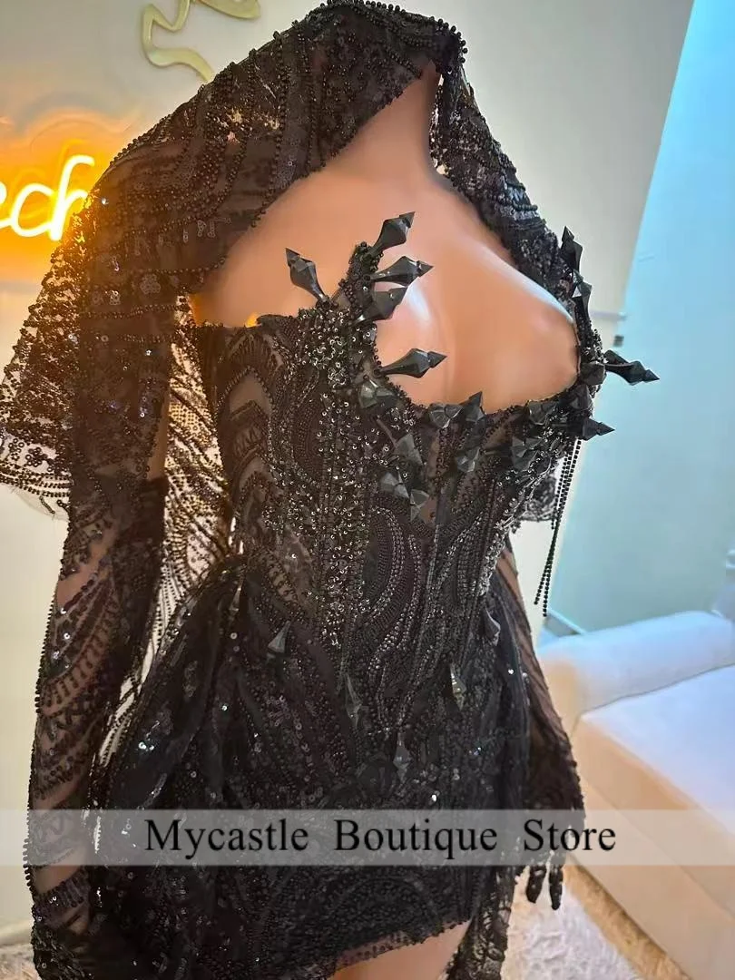 ชุดราตรีสีดำเงาใหม่สำหรับสาวๆ ปี 2026 พร้อมถุงมือ ประดับลูกปัดหรูหรา ชุดมินิเดรสสำหรับงานวันเกิด ชุดราตรีสำหรับผู้หญิง สามารถสั่งตัดได้