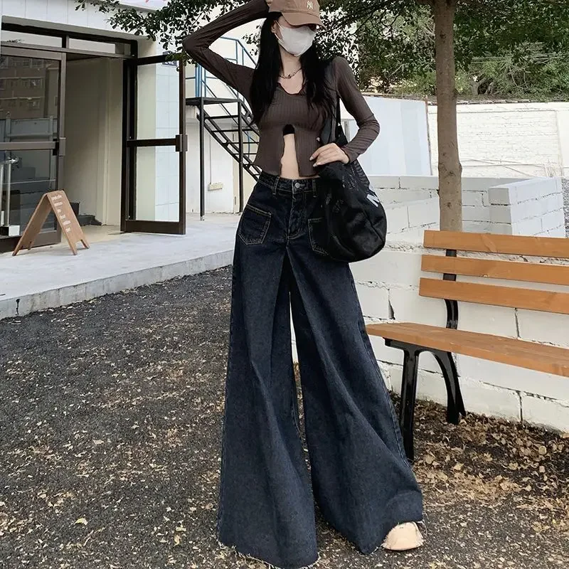 Oversized Vintage High Waist Jeans High Street Loose Wide Leg Jeans Fashion Korean Casual Solid Color Straight Trousers Q250