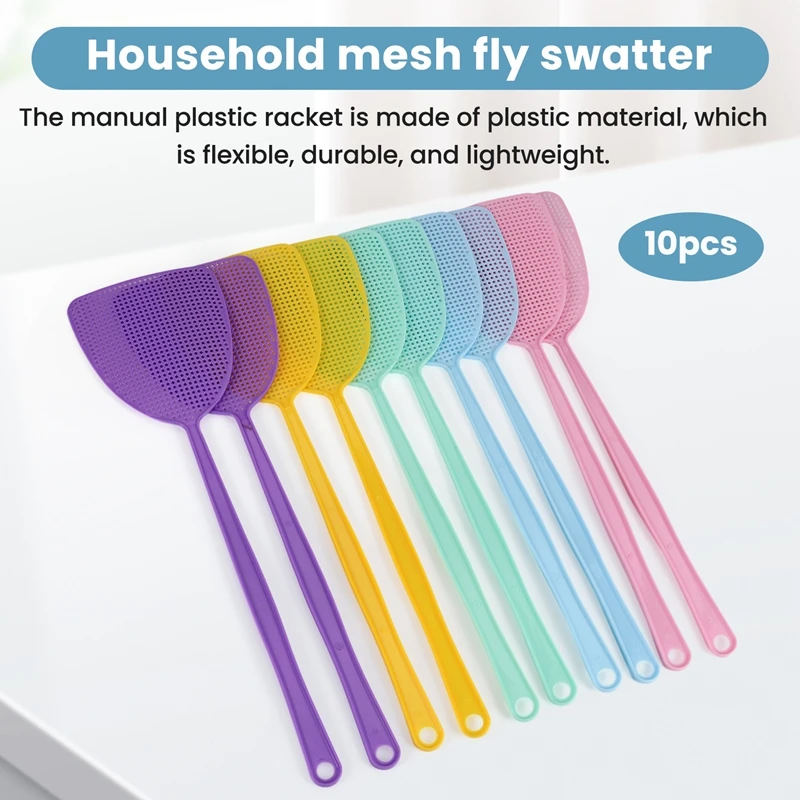Fly Swatter 10 Pack Plastic Long Handle Fly Swat Manual Swat Pest Control For Flies And Mosquito Multi-Color Random-ABSW