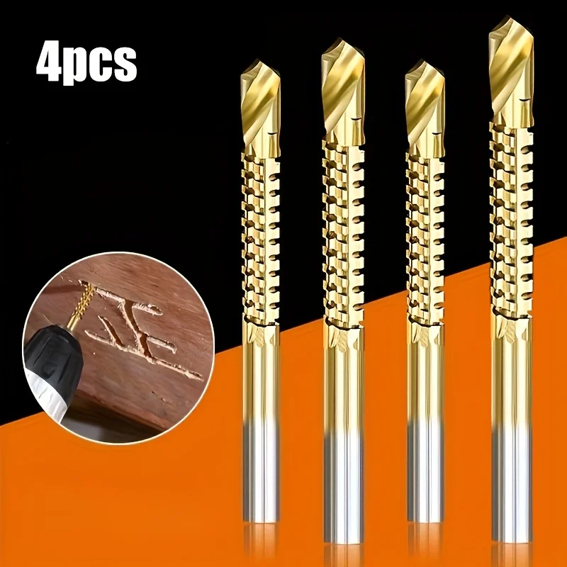 

4pcs Heavy-duty titanium alloy twist drill bit, made of high-speed steel, with a serrated design, used for cutting wood, metal.