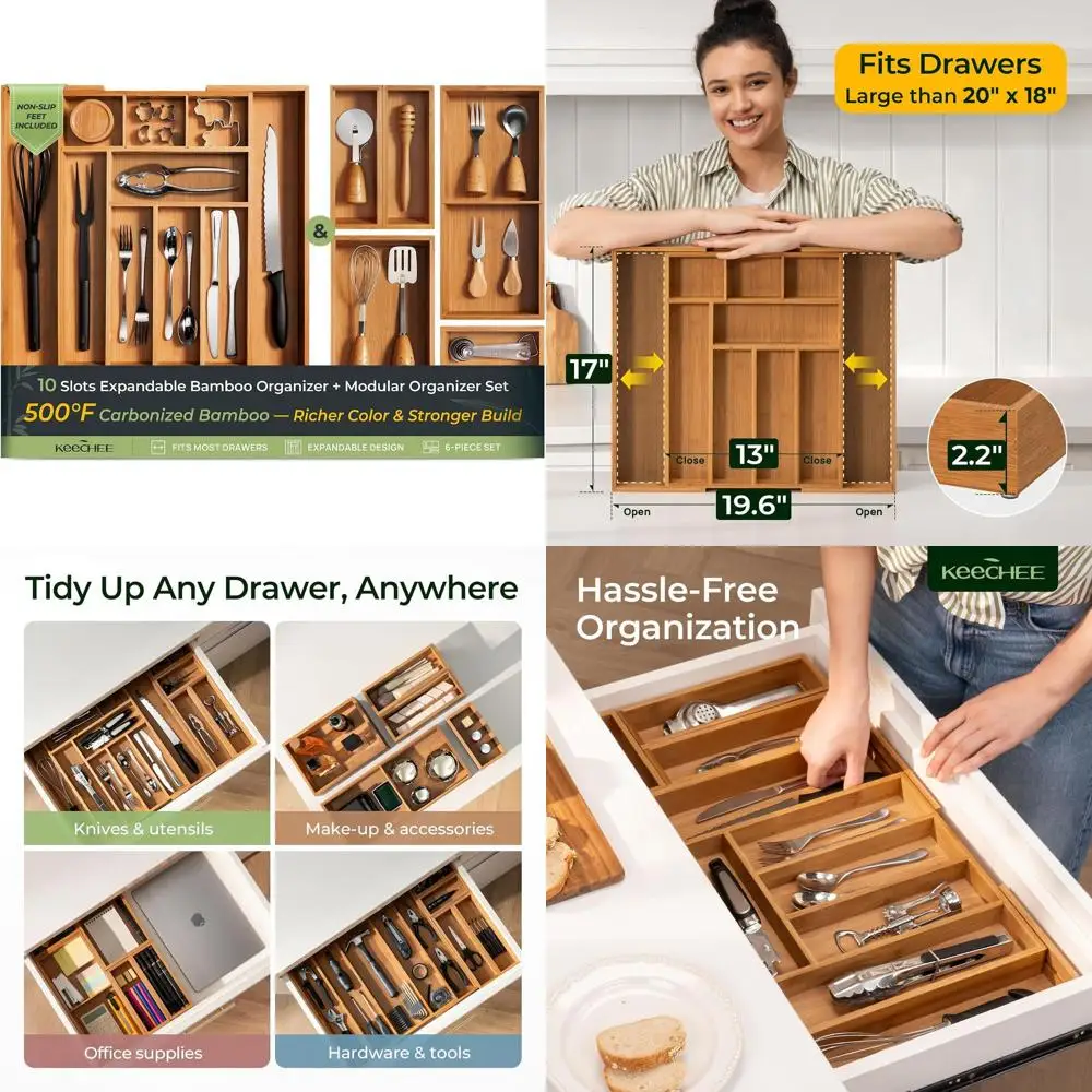 

6-Compartment Bamboo Drawer Organizer, 2.2 Deep for Cutlery, Desk, Makeup & More, Anti-Slip Base