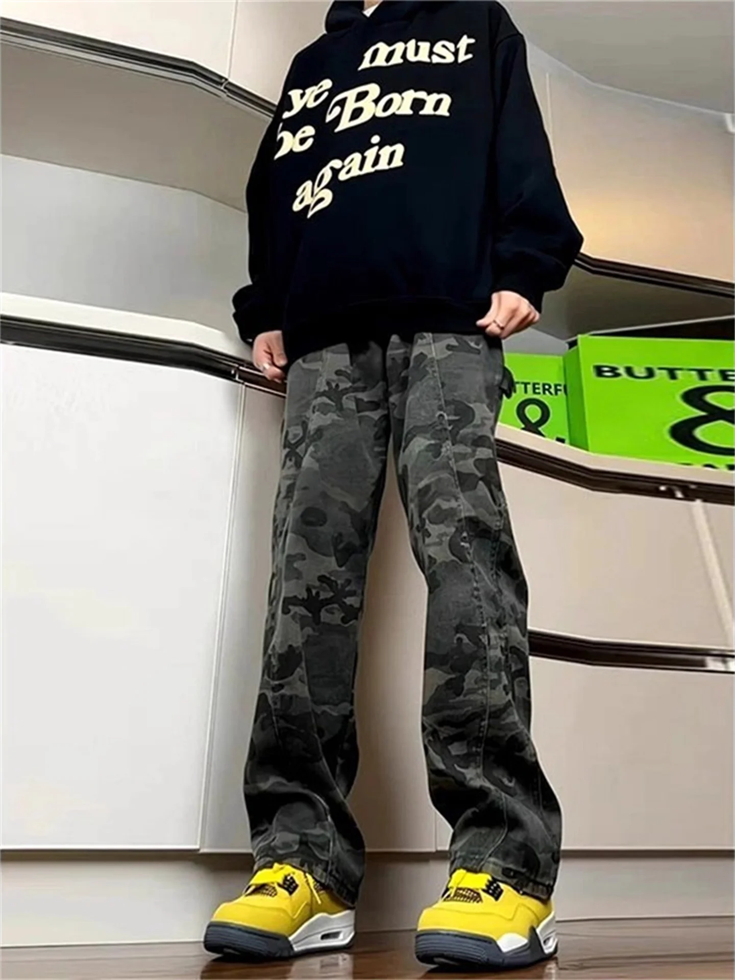 

Retro American Washed Camouflage Work Pants Men's High Street Trend Brand Deconstructed Straight Leg Slimming Bell Bottom Jeans