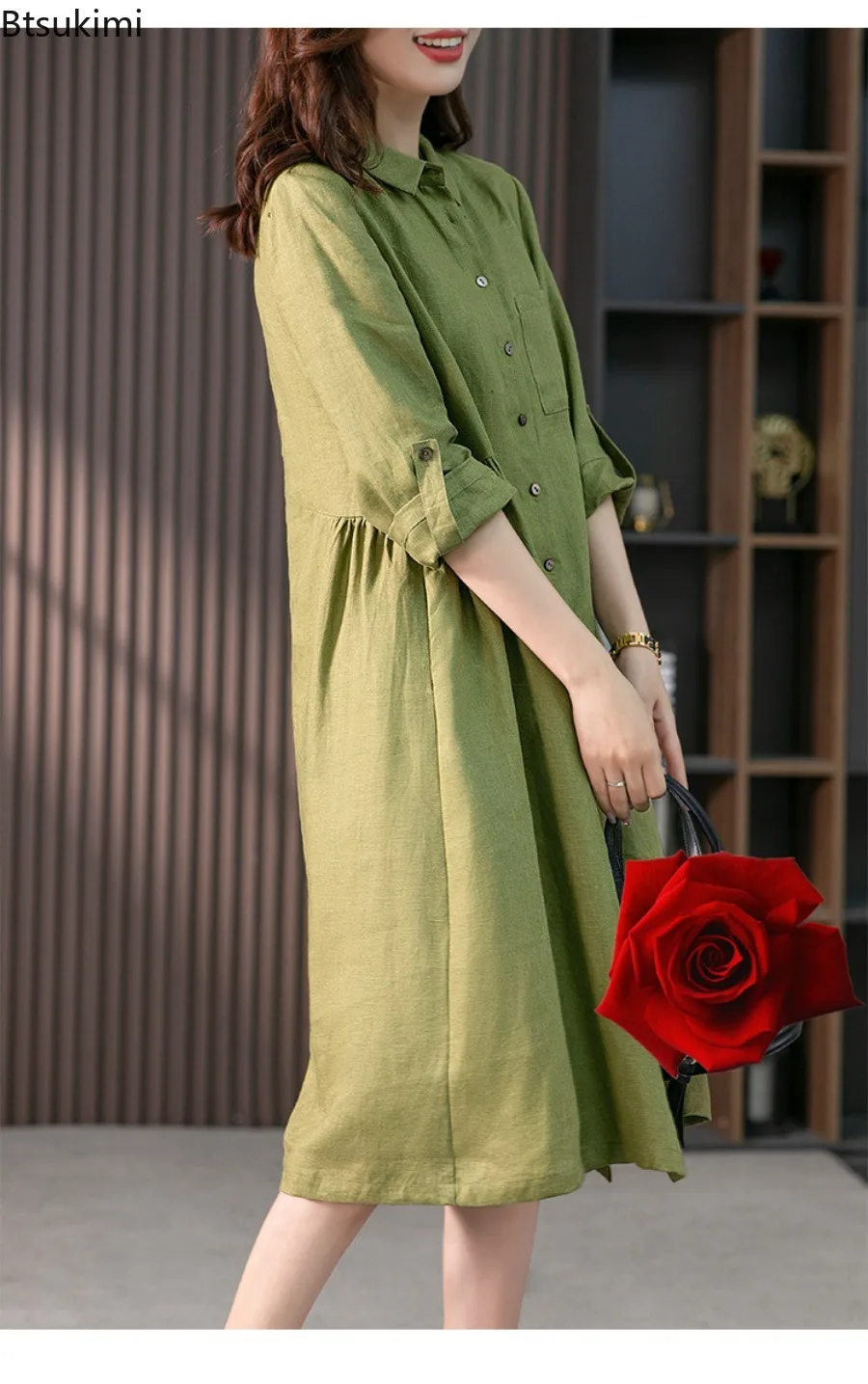 2024 Elegant Summer Dresses for Women Fashion Solid 3/4 Sleeve Cotton Linen Casual Shirt Dress Lapel Button Office Ladies Dress