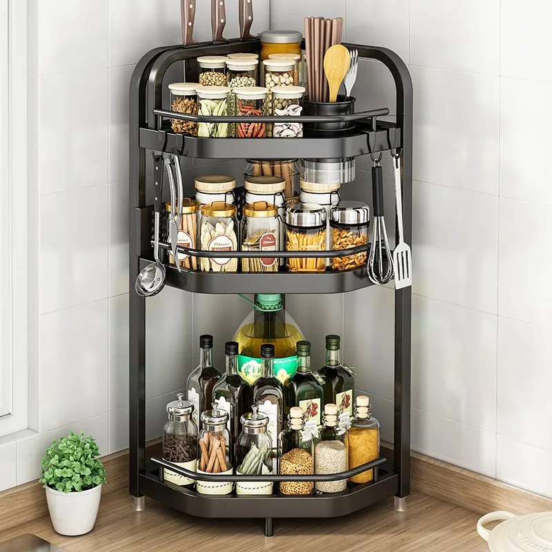 3-Tier Kitchen Spice Rack Countertop Organizer Spice Corner Shelf Cabinet Storage Rack with Hook Holder for Kitchen Organizer