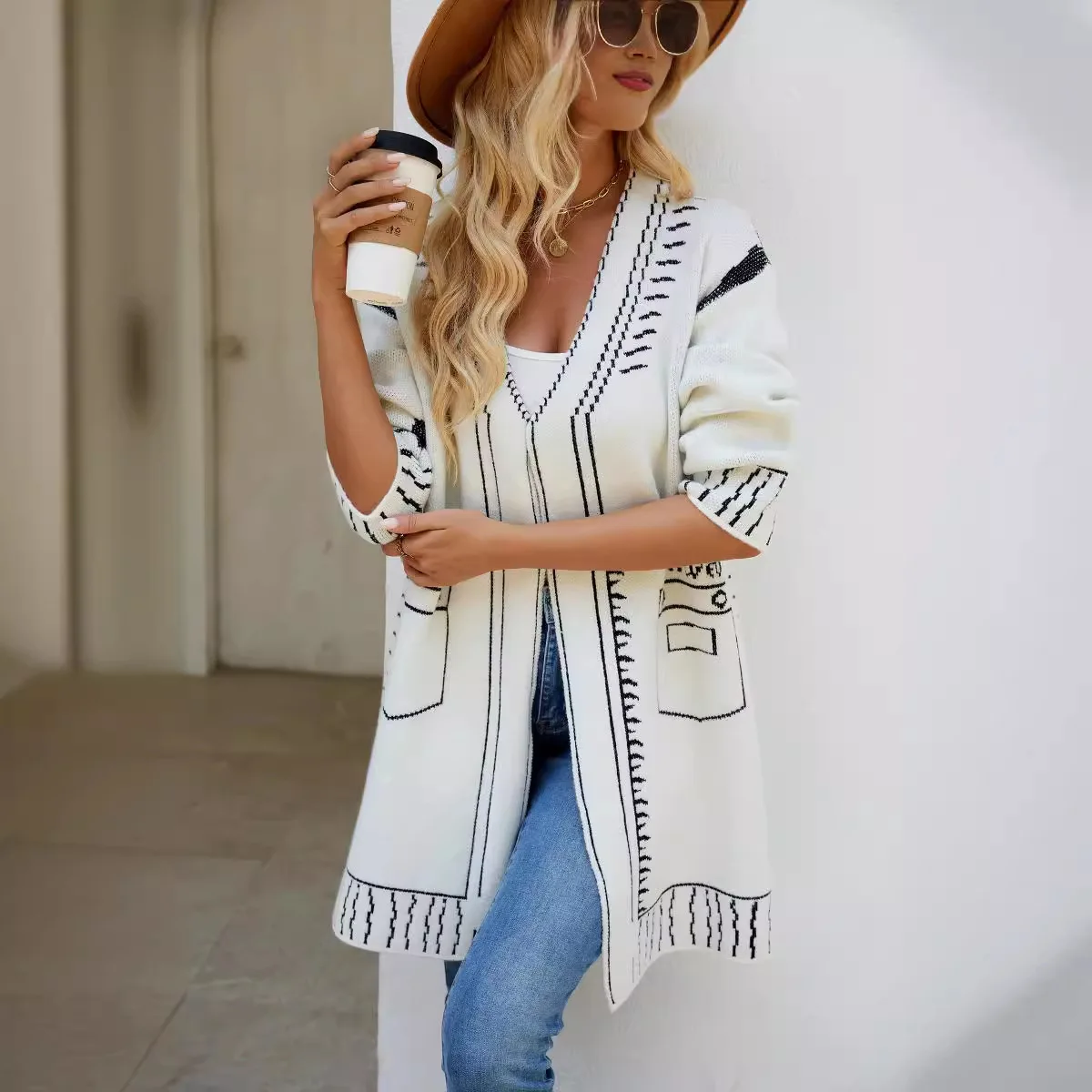 2024 Autumn/Winter Fashion Pattern Jacquard Knit Women Long Cardigan Loose Knitted V-neck Fashion Sweater Knitted Coat Top Lady