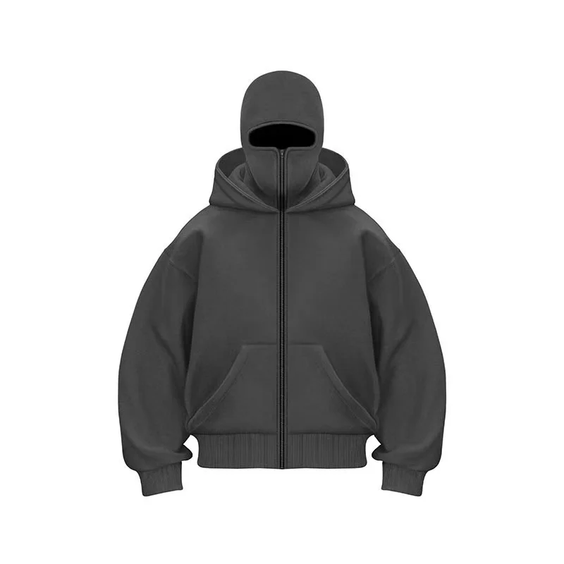 Unisex Y2K Gothic Harajuku Balaclava Winter Warm Double Hooded Sweatshirt Hooded Mask Zipper Sports Jacket for Men And Women view 2
