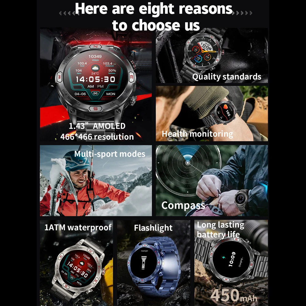 2024 New Outdoor Military GPS Tracking Smart Watch 1.43'' AMOLED Screen Bluetooth Call Watch 1ATM Waterproof 450MAH Smartwatches