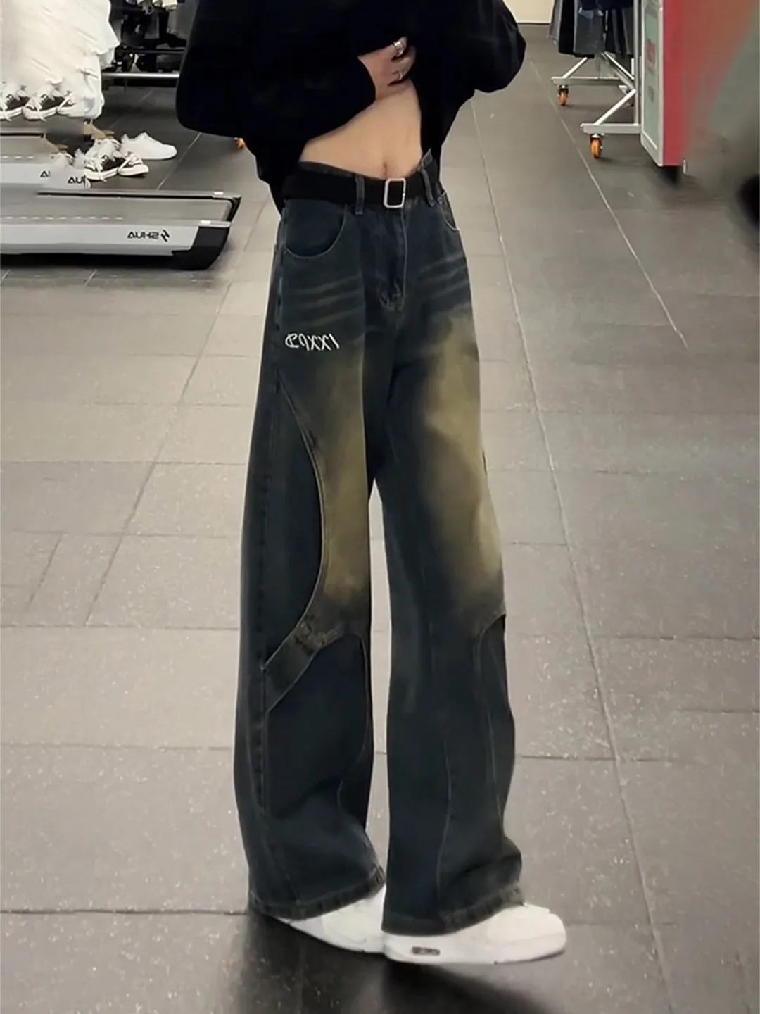 

Retro Blue Deconstructed Patchwork Men's Straight Leg Jeans Winter High Waist Extended Design Workwear Long Trousers