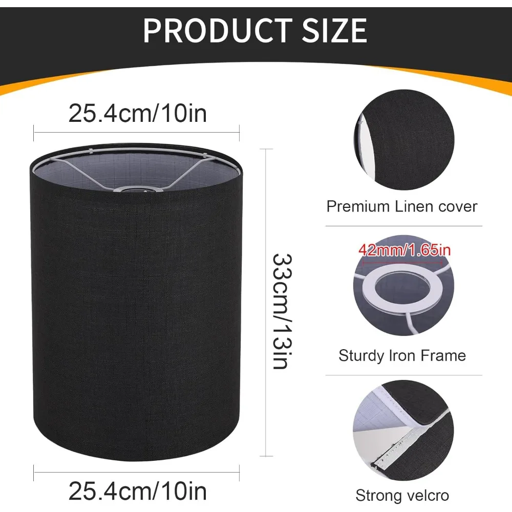 عاكس الضوء طبل طويل القامة من الكتان الأسود، 10 بوصة علوية × 10 بوصة سفلية × 13 بوصة غطاء مصباح عالي، بديل لظل المصباح لمصابيح الطاولة والأرضية، ص