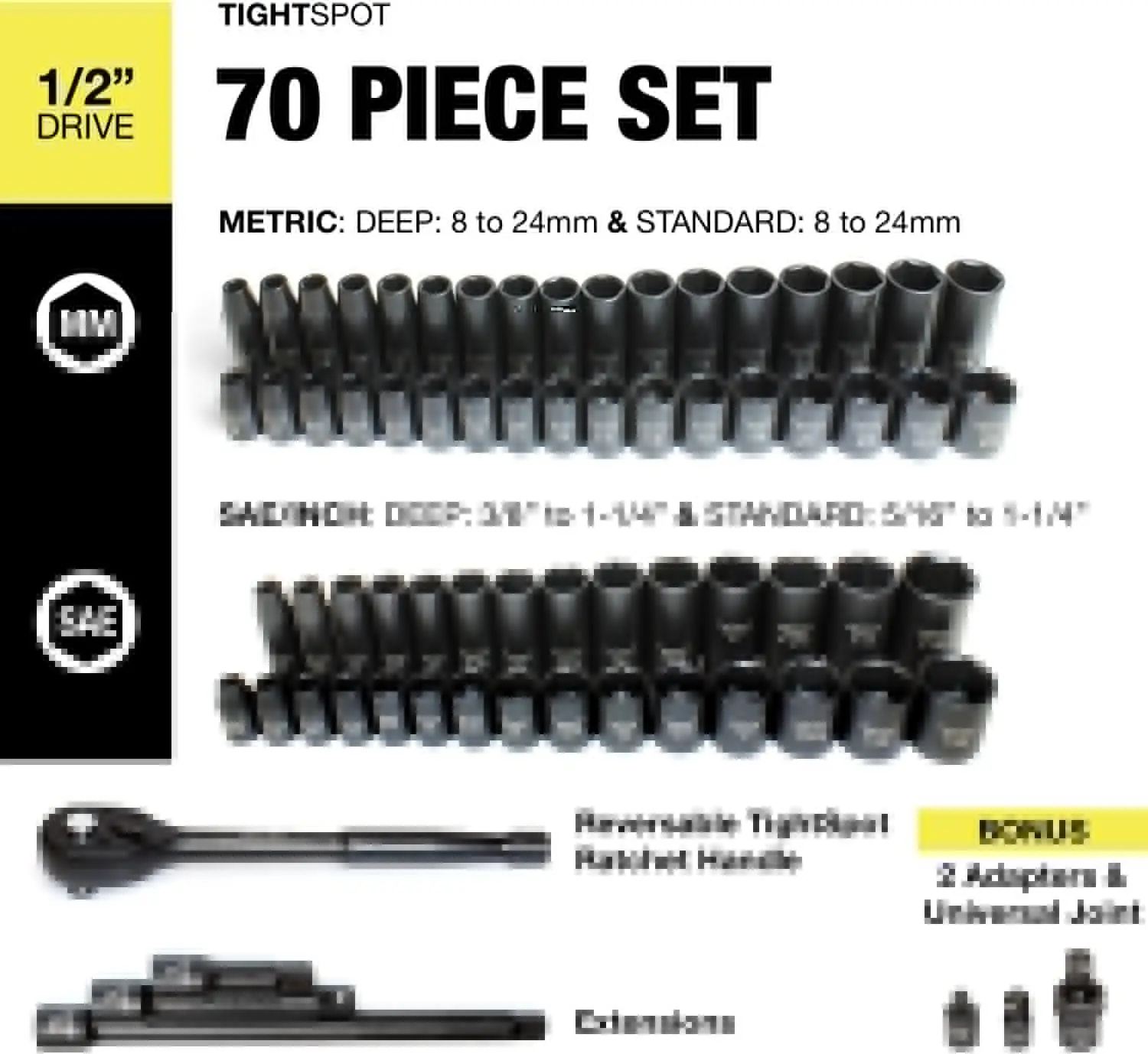 TIGHTSPOT 1/2 "Drive 70pc soket Impact SET MASTER dengan SAE & metrik dari 5/16 inci-1-1/4 inci, 8mm - 24mm, kaus kaki dalam/standar