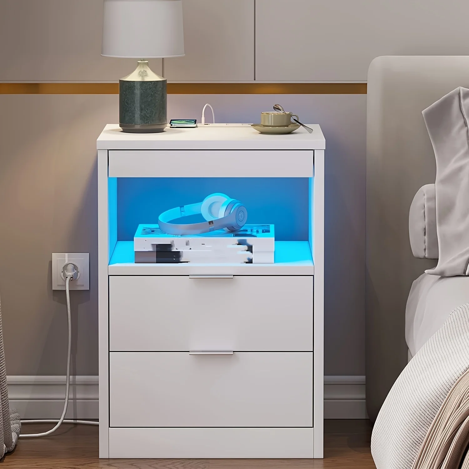 

Modern Minimalist Style With Pull-out Shelf LED Wireless Charging Station In Bedroom And Living Room Corners To Save Space