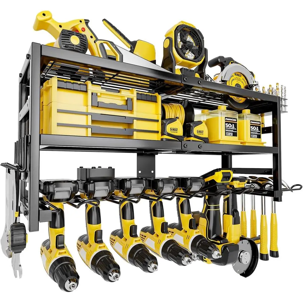 

Power Tool Organizer Wall Mount Heavy Duty 320 lbs, 3 Layers Storage Rack with 9 Drill Holders & Battery Storage