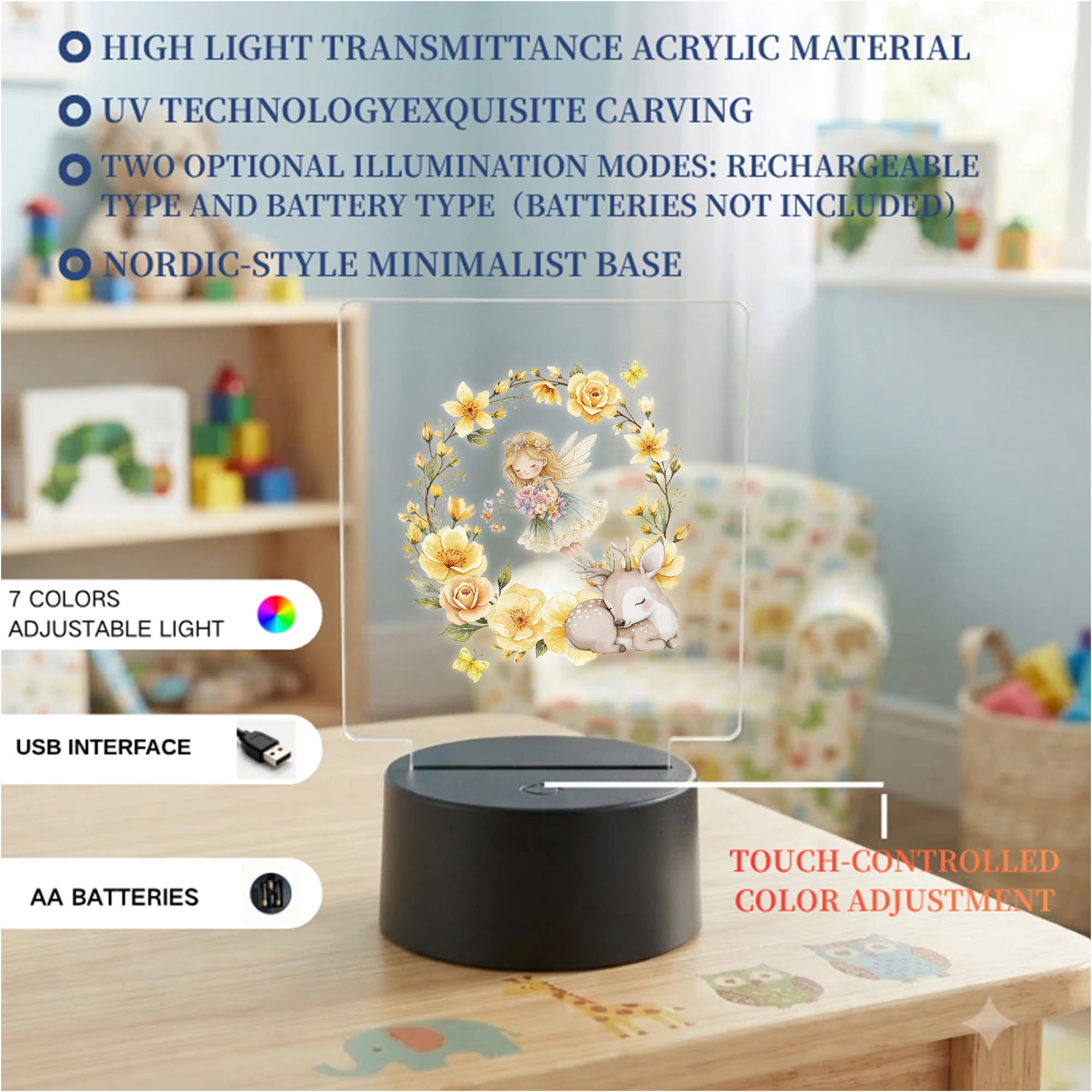 2D Flat Acrylic LED  Yellow Rose Fairy Decoration Desk Lamp Night Light Cartoon Children Bedroom Gifts Home Decor Gift - view 4