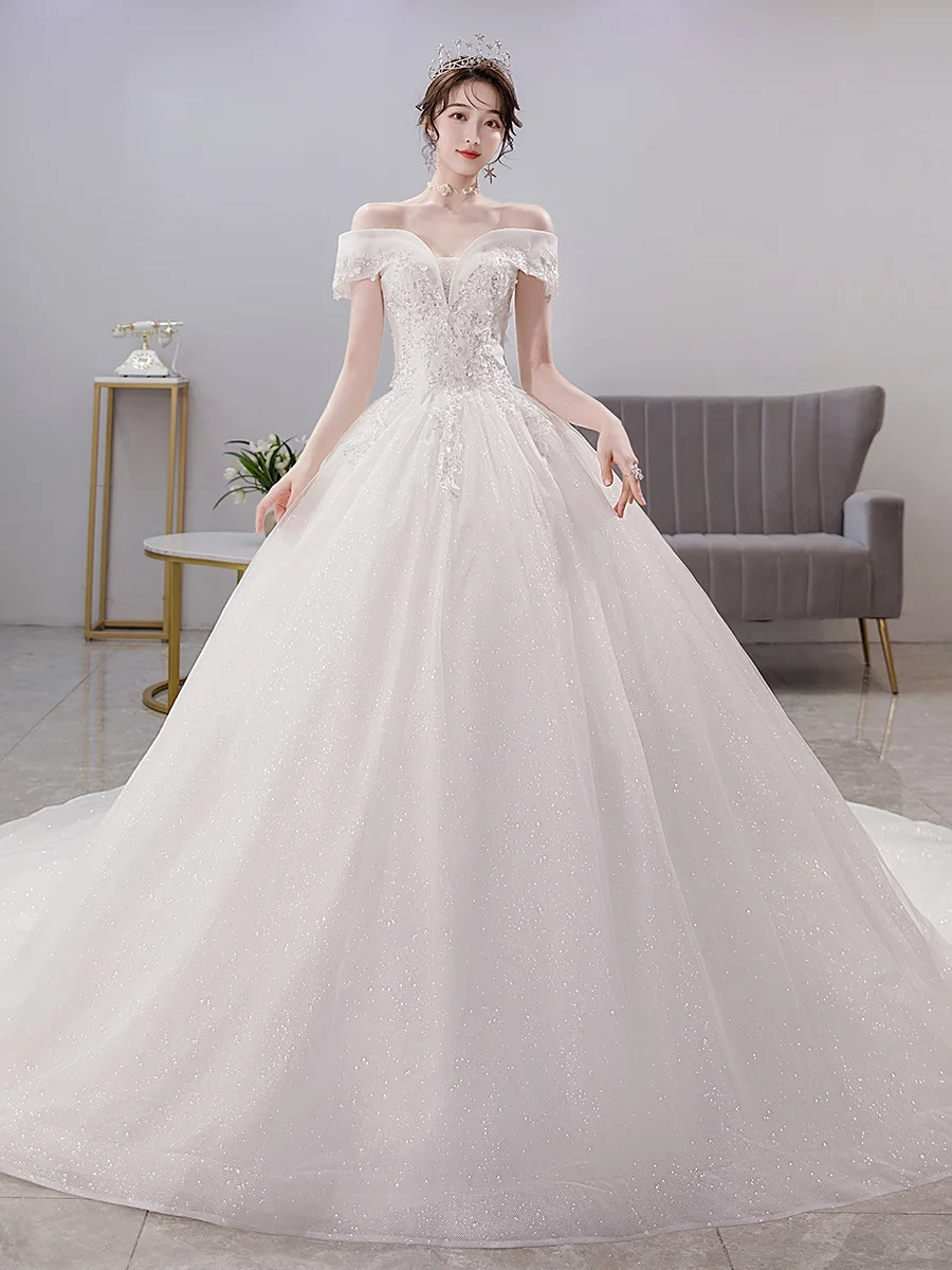 

New French style boat neck temperament light luxury palace style embroidered princess dress with a large tail wedding dress(020)